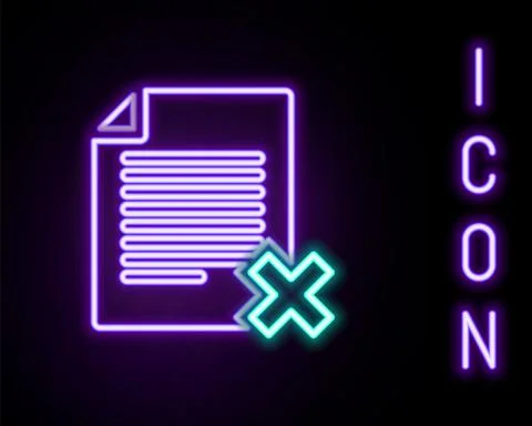 Glowing neon line Delete file document icon isolated on black background Stock Illustration