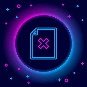 Glowing neon line Delete file document icon isolated on black background Stock Illustration