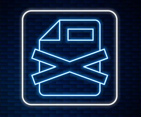 Glowing neon line Delete file document icon isolated on brick wall background Stock Illustration
