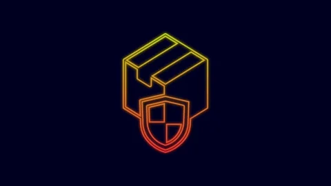 Glowing neon line Delivery security with shield icon isolated on blue background Vídeo Stock 227244449