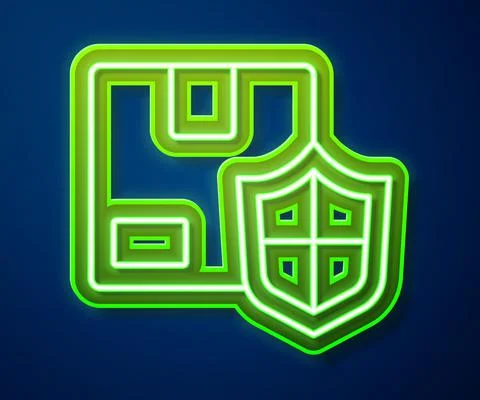Glowing neon line Delivery security with shield icon isolated on blue background Illustrazione stock