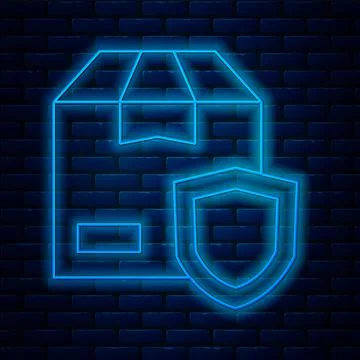 Glowing neon line Delivery security with shield icon isolated on brick wall Stockillustratie