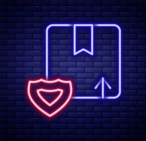 Glowing neon line Delivery security with shield icon isolated on brick wall Stock Illustration