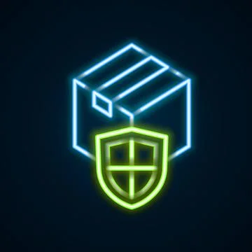Glowing neon line Delivery security with shield icon isolated on black Ilustração Stock
