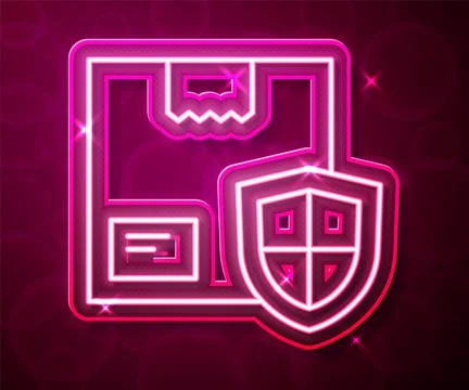 Glowing neon line Delivery security with shield icon isolated on red background Illustrazione stock
