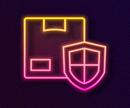Glowing neon line Delivery security with shield icon isolated on black back.. Stock Illustration