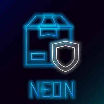 Glowing neon line Delivery security with shield icon isolated on black back.. Stock Illustration