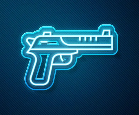 Glowing neon line Desert eagle gun icon isolated on blue background. Vector Illustrazione stock