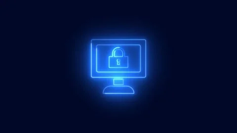 Glowing neon line Desktop with lock shield. concept of computer security an.. Stock Footage 277493223