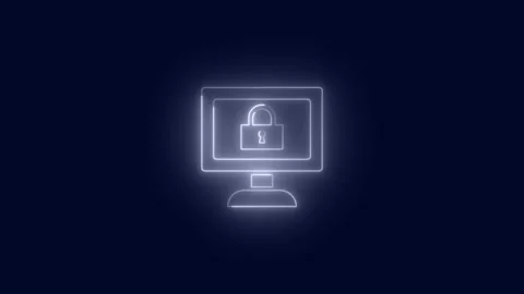 Glowing neon line Desktop with lock shield. concept of computer security an.. Stock Footage 277493225