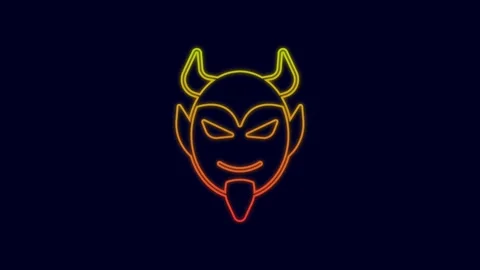 Glowing neon line Devil head icon isolated on blue background. Happy Halloween Stock Footage 227203544