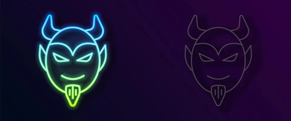 Glowing neon line Devil head icon isolated on black background. Happy Halloween Stock Illustration