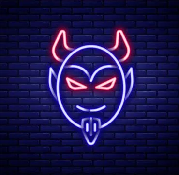 Glowing neon line Devil head icon isolated on brick wall background. Happy 스톡 일러스트
