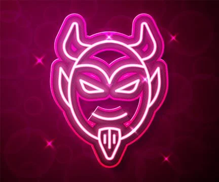 Glowing neon line Devil head icon isolated on red background. Happy Halloween 스톡 일러스트