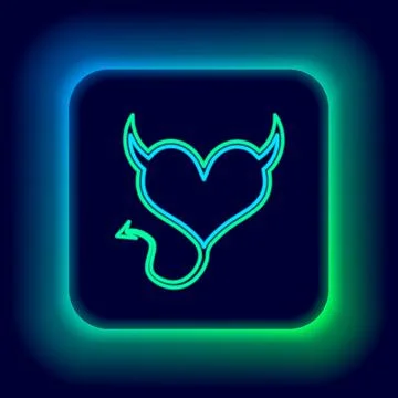 Glowing neon line Devil heart with horns and a tail icon isolated on black Stock Illustration