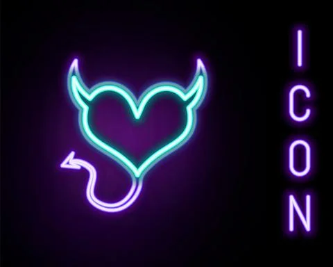 Glowing neon line Devil heart with horns and a tail icon isolated on black Stock Illustration