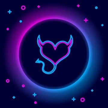 Glowing neon line Devil heart with horns and a tail icon isolated on black Stock Illustration
