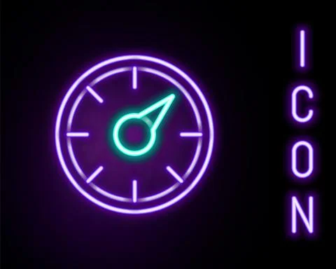 Glowing neon line Digital speed meter concept with 5G icon isolated on black Stock Illustration