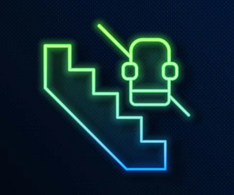 Glowing neon line Disabled access elevator lift escalator icon isolated on blue イラスト素材