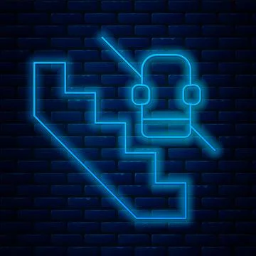 Glowing neon line Disabled access elevator lift escalator icon isolated on brick Stock Illustration