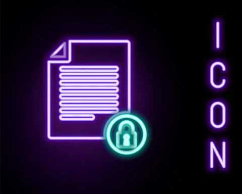 Glowing neon line Document and lock icon isolated on black background. File Stock Illustration