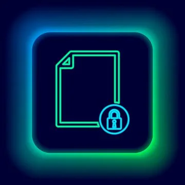 Glowing neon line Document and lock icon isolated on black background. File Illustrazione stock