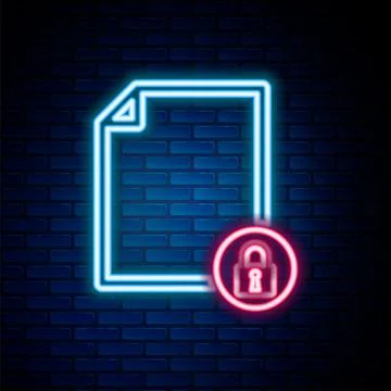 Glowing neon line Document and lock icon isolated on brick wall background. File Illustrazione stock