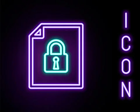 Glowing neon line Document and lock icon isolated on black background. File Illustrazione stock