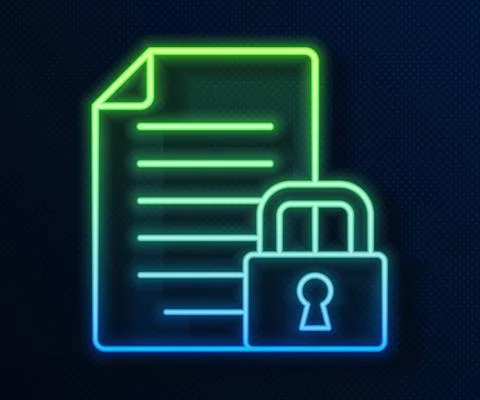 Glowing neon line Document and lock icon isolated on blue background. File Illustrazione stock