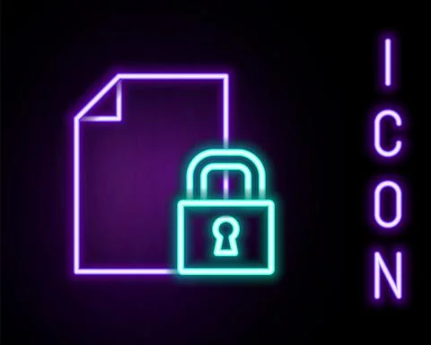 Glowing neon line Document and lock icon isolated on black background. File Illustrazione stock