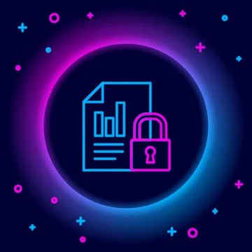 Glowing neon line Document and lock icon isolated on black background. File Illustrazione stock