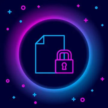 Glowing neon line Document and lock icon isolated on black background. File Illustrazione stock