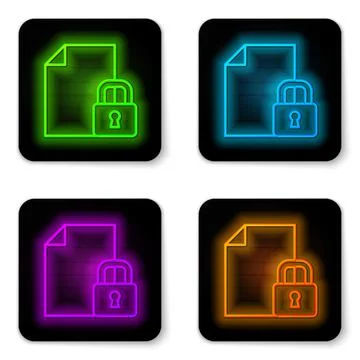 Glowing neon line Document and lock icon isolated on white background. File Illustrazione stock