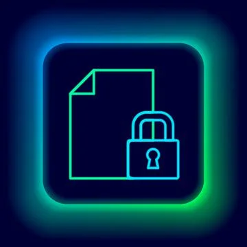 Glowing neon line Document and lock icon isolated on black background. File 스톡 일러스트