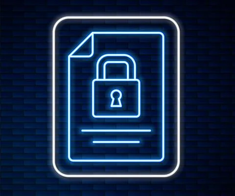 Glowing neon line Document and lock icon isolated on brick wall background. File Illustrazione stock