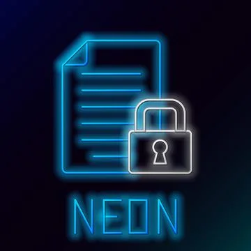 Glowing neon line Document and lock icon isolated on black background. File Illustrazione stock