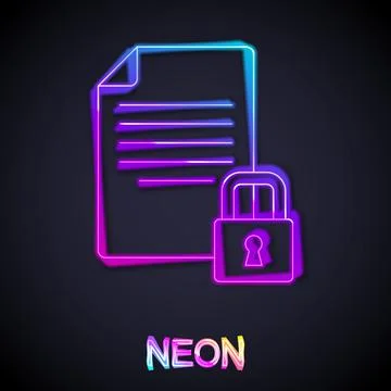 Glowing neon line Document and lock icon isolated on black background. File Illustrazione stock