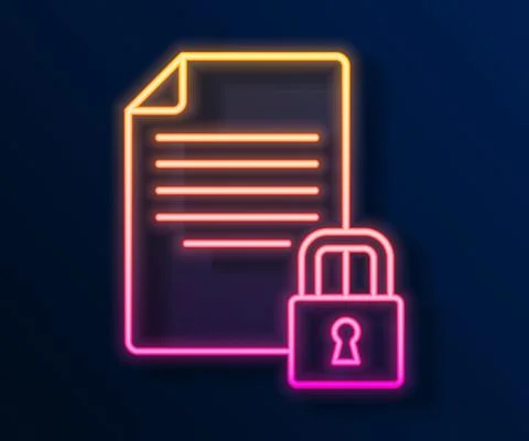 Glowing neon line Document and lock icon isolated on black background. File Illustrazione stock