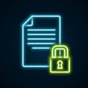 Glowing neon line Document and lock icon isolated on black background. File Illustrazione stock