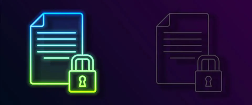 Glowing neon line Document and lock icon isolated on black background. File 스톡 일러스트