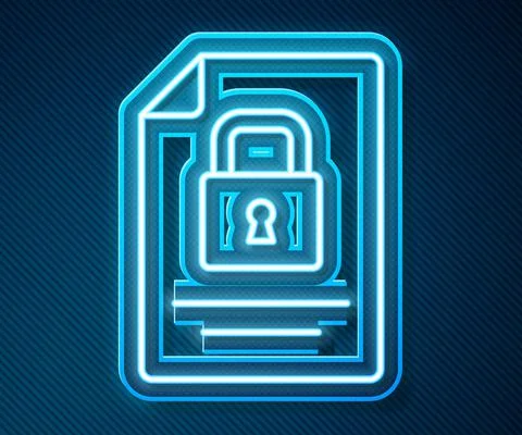 Glowing neon line Document and lock icon isolated on blue background. File Illustrazione stock