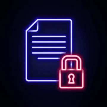 Glowing neon line Document and lock icon isolated on brick wall background. F Illustrazione stock