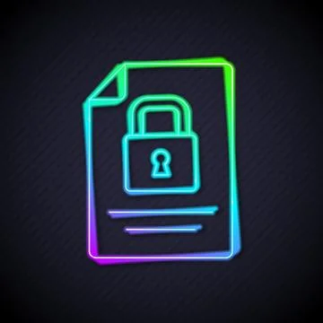 Glowing neon line Document and lock icon isolated on black background. File Illustrazione stock
