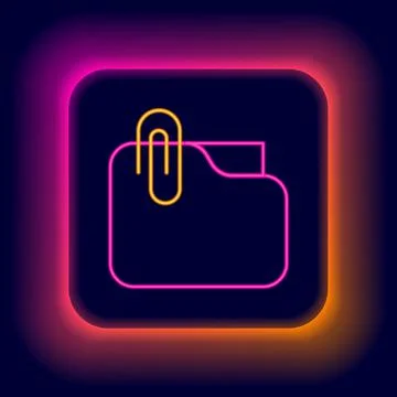 Glowing neon line Document folder with paper clip icon isolated on black Stock Illustration