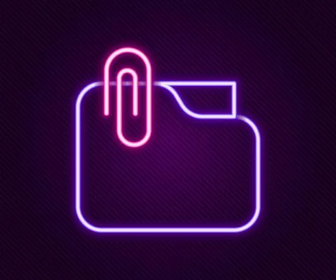 Glowing neon line Document folder with paper clip icon isolated on black Stock Illustration