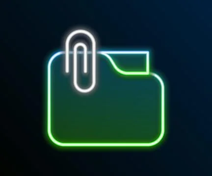 Glowing neon line Document folder with paper clip icon isolated on black ba.. Stock Illustration