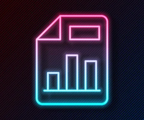 Glowing neon line Document with graph chart icon isolated on black background Stock Illustration