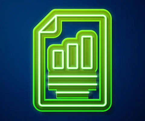 Glowing neon line Document with graph chart icon isolated on blue background Illustrazione stock