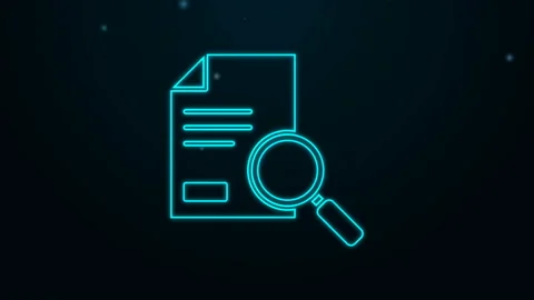 Glowing neon line Document with search icon isolated on black background. File Stock Footage 139648443