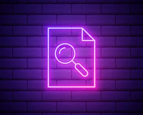 Glowing neon line Document with search icon isolated on brick wall background Stock Illustration